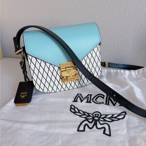 MCM Aqua and White Crossbody Bag with Gold Accents